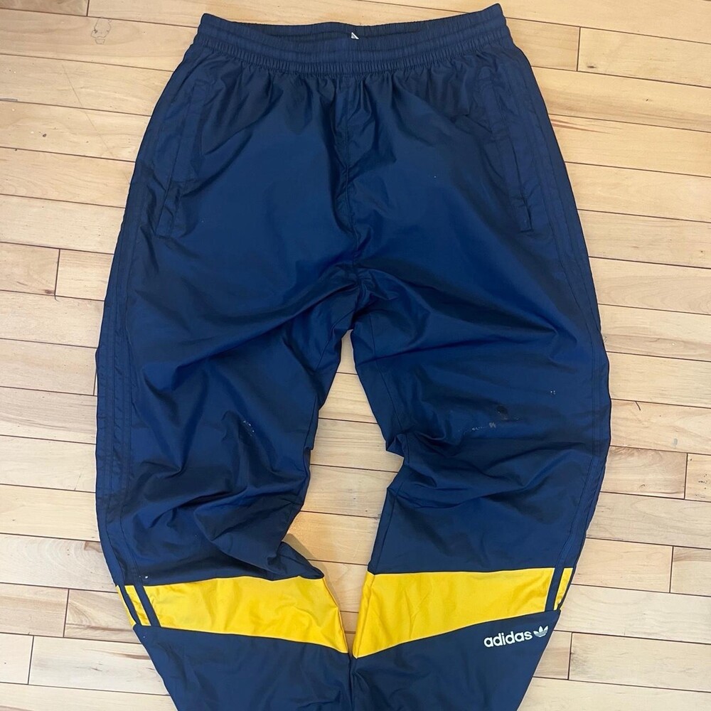 Adidas navy blue track pants blue and yellow y2k parachute pant
